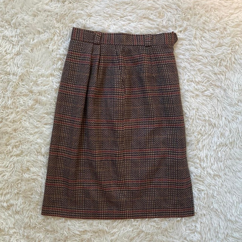 Vintage Evan Picone 100% Worsted Wool brown plaid midi skirt academia teacher
